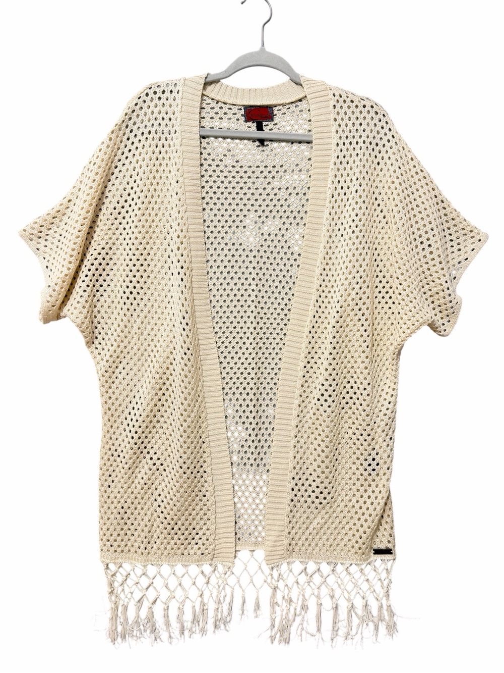 Celsius Open-Knit Fringe Cardigan Sweater Medium Cream Kimono Coverup Festival